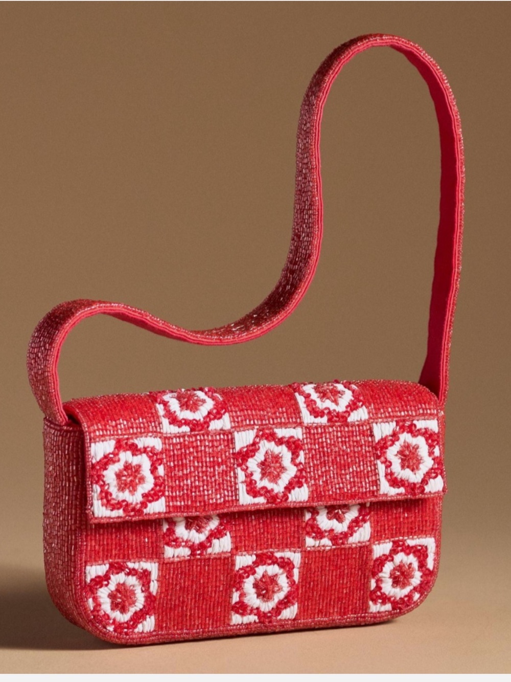 Anthropologie Fiona Red White Beaded Floral Shoulder Bag